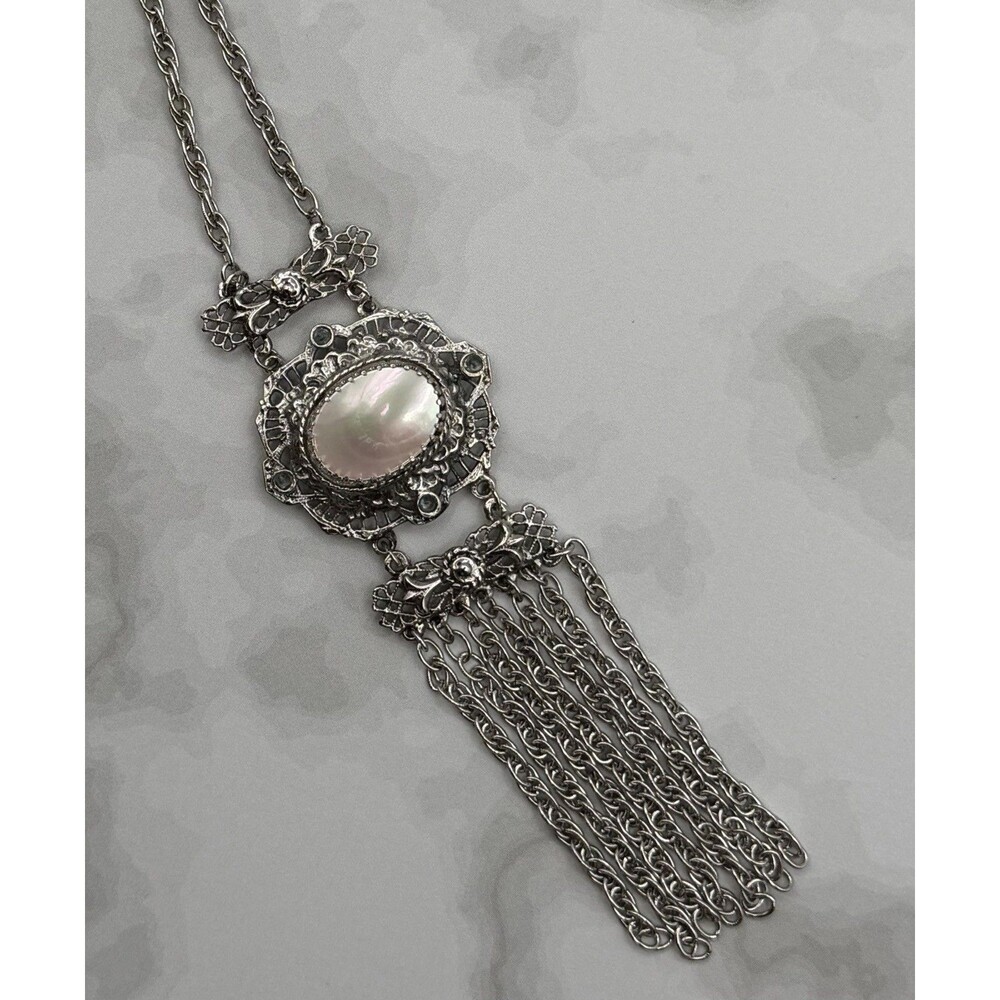Whiting Davis Silver Tone Statement Mother of Pearl Pendant Necklace Tassel 22"